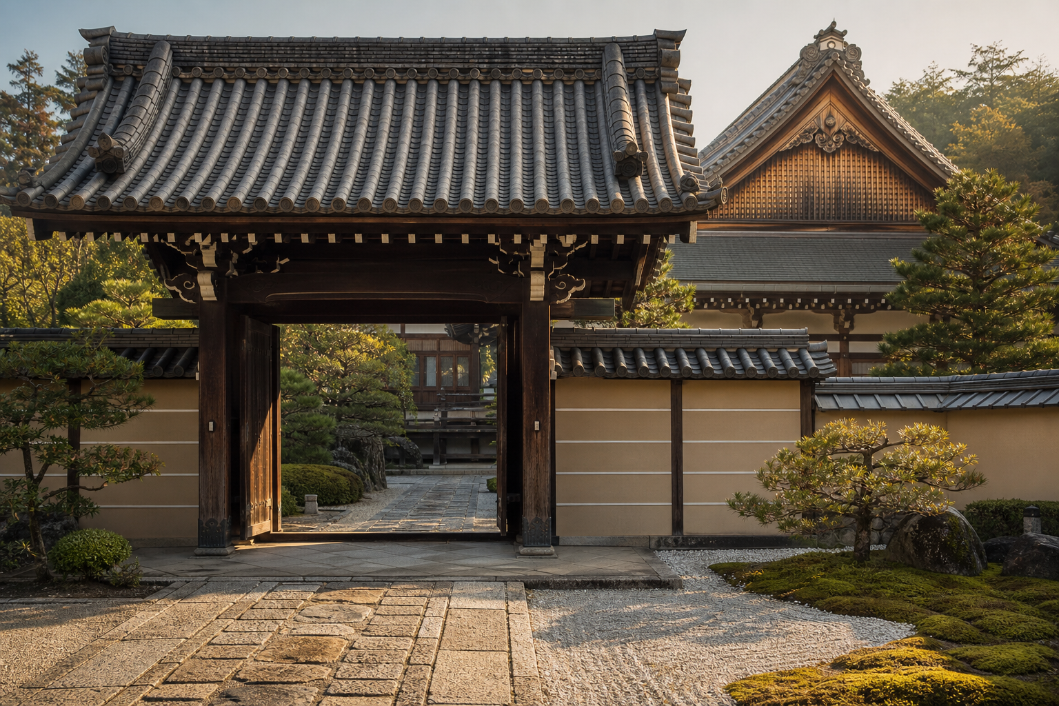 歴史ある寺院の建物と山門