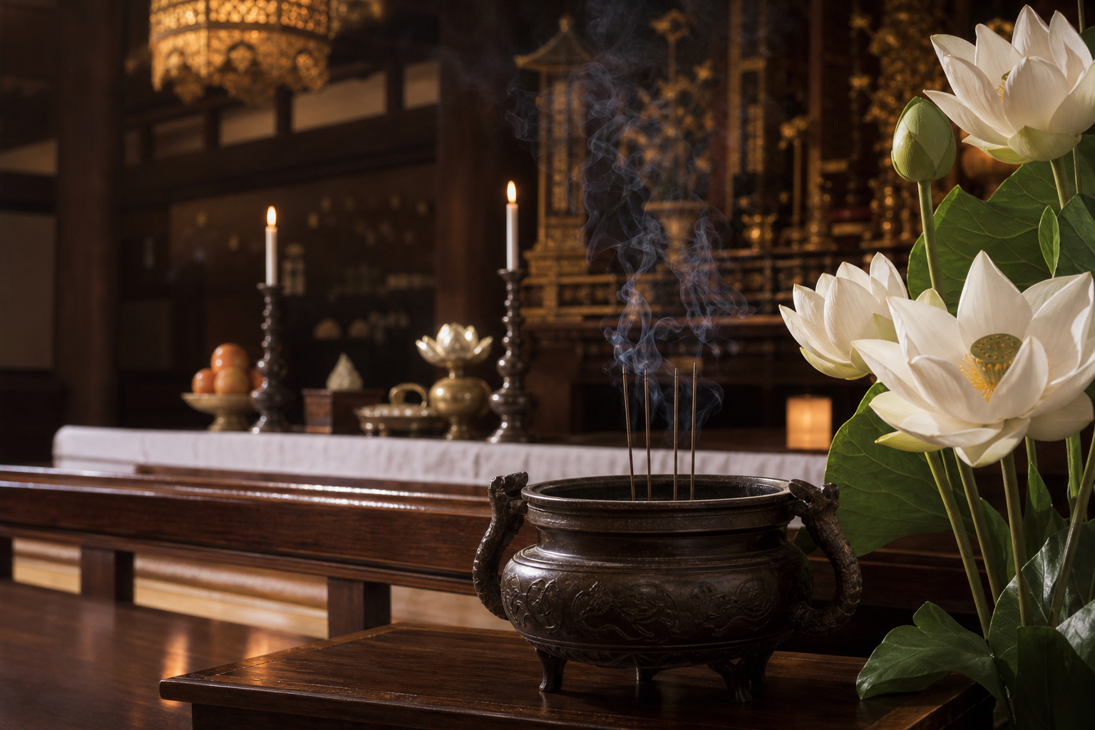 法要と供養を感じさせるお線香と蓮の花